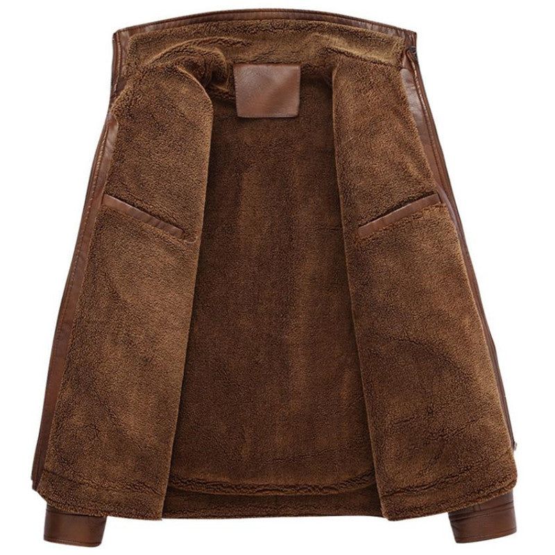 Pu Leather Plus Velvet Stand Collar Jacket