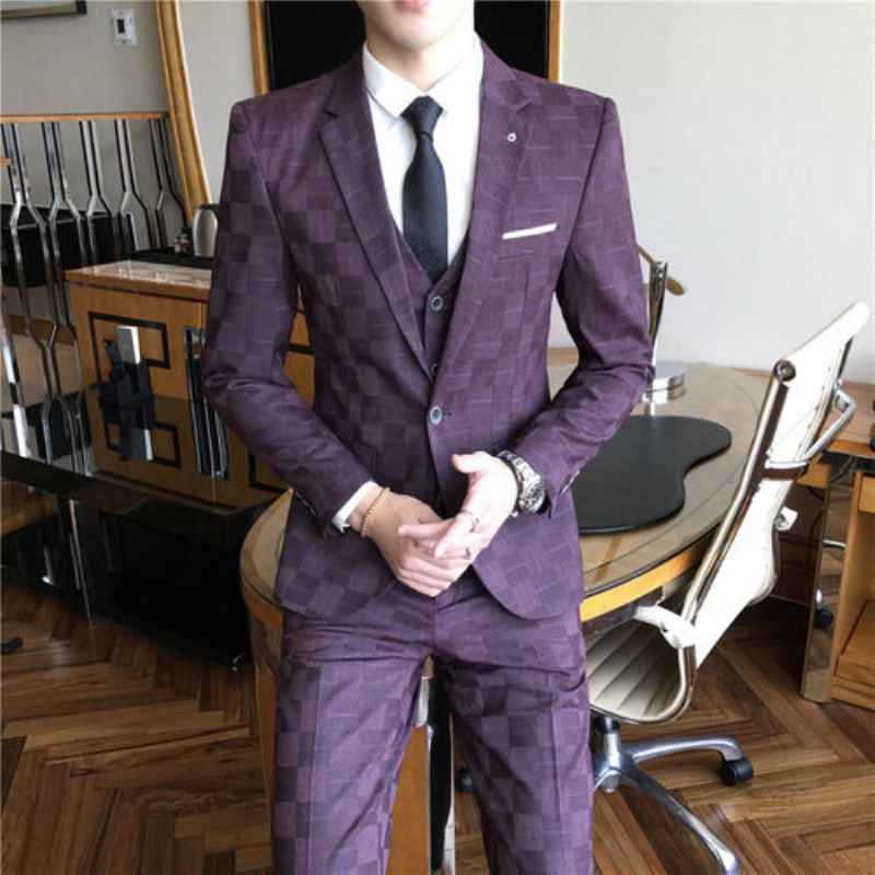 Elegantní Kostkovaný 3dílný Úzký Oblek Tailor Business